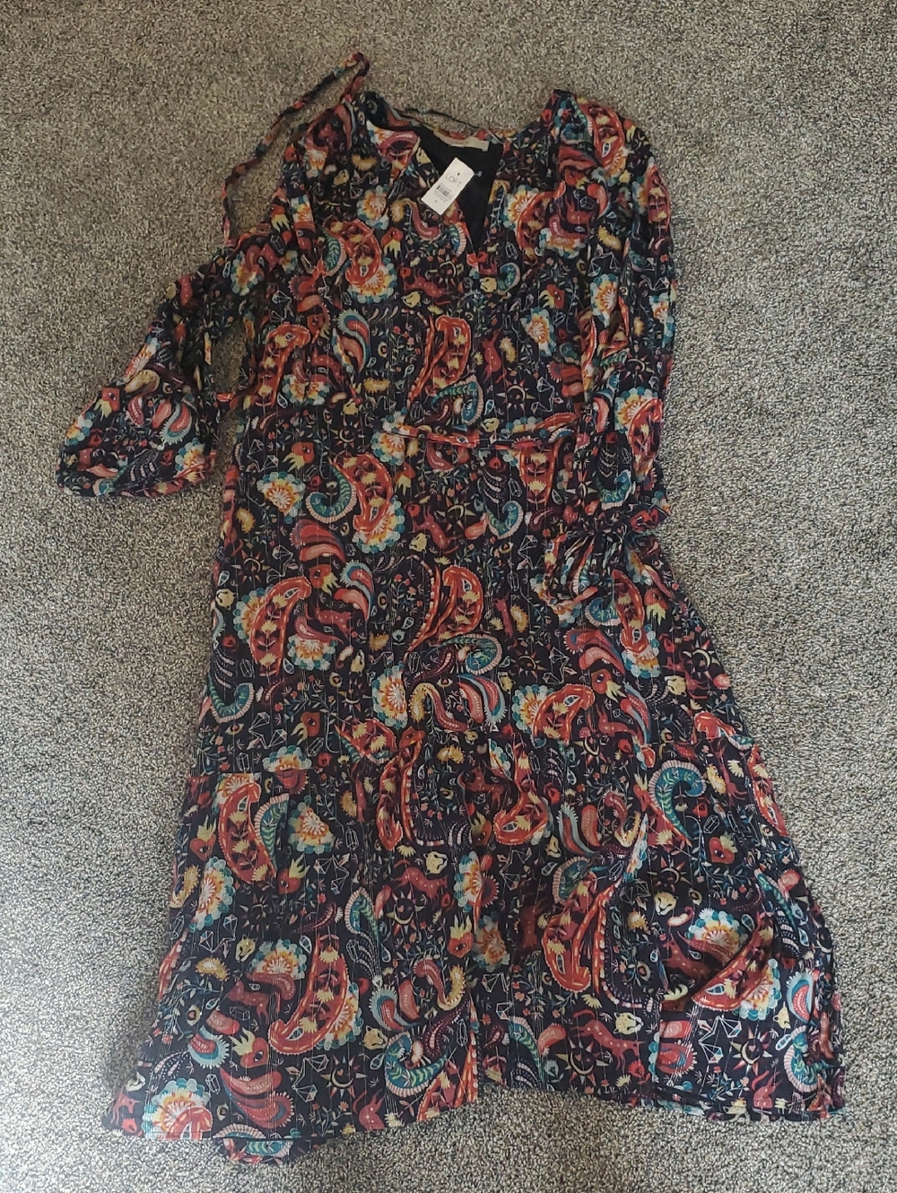 LOFT Black Paisley Long Sleeve Midi Dress with Multicolor Accents